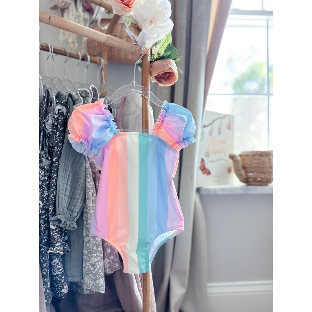 New Darling Pastel Stripe Rainbow Puff Slv Swimsuit 2/3